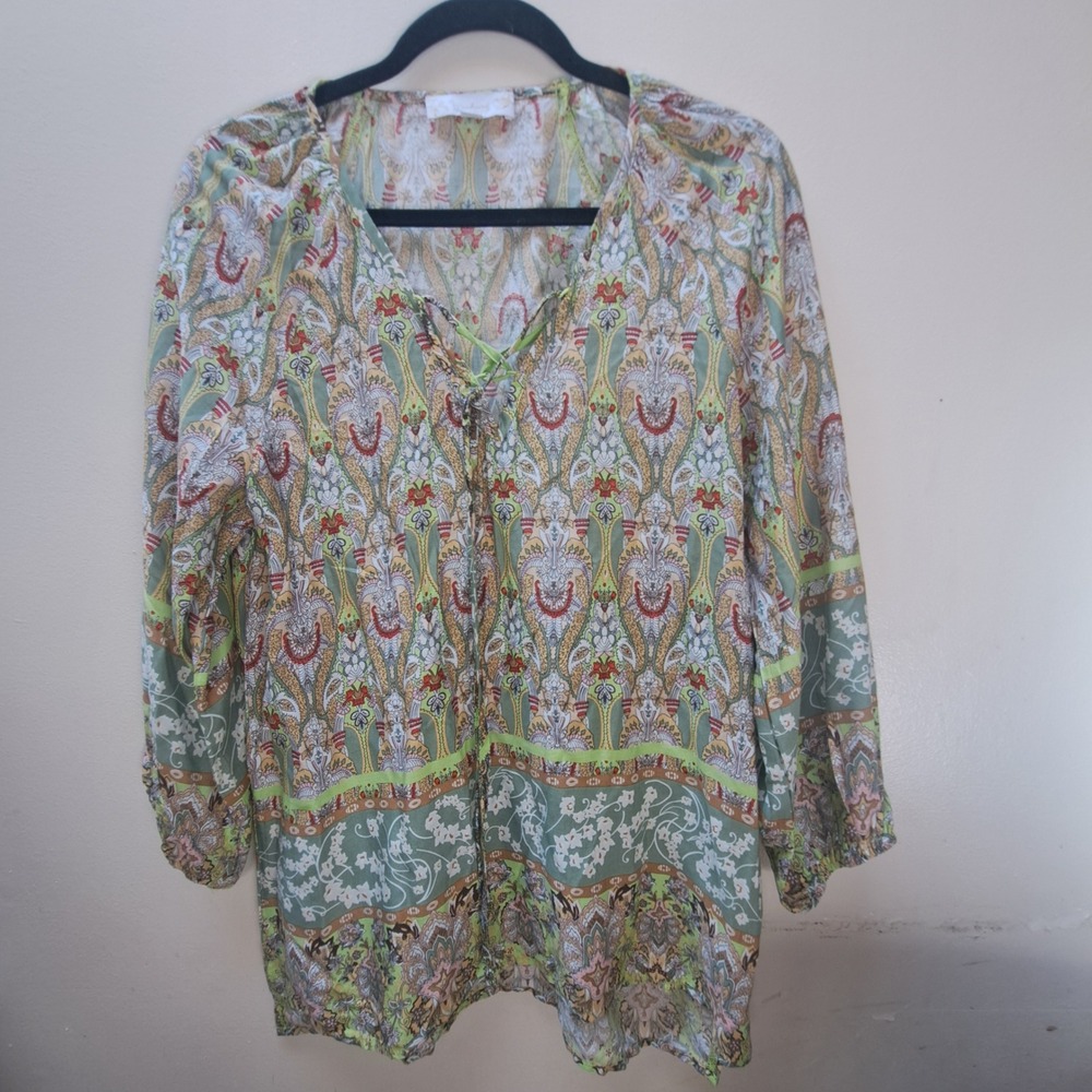 Weekend Suzanne Betro Green Paisley Lace Up V-Neck Blouse Small U1601029 Boho
